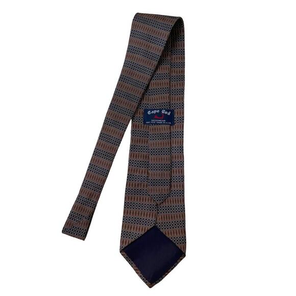 Vintage 80s 90s Cape Cod 100% Silk Tie | Brown & Navy Geometric Striped, USA - Picture 1 of 6